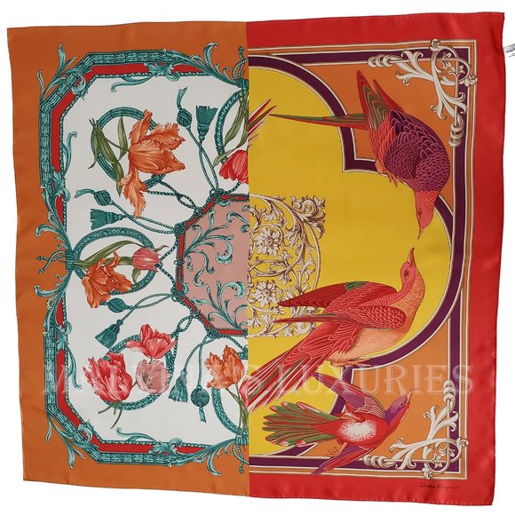 SALVATORE FERRAGAMO SCARF VINTAGE INSPIRED PRINT SILK SQUARE 35" - Picture 8 of 13